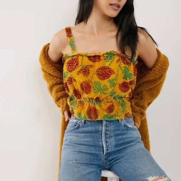 Anthropologie Felipa Cropped Yellow Strawberry Patch Velvet Burnout Tank Top Sm - Picture 3 of 10